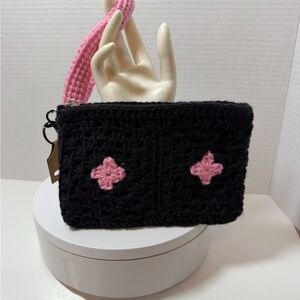 Black Crochet Pouch with Pink Accents